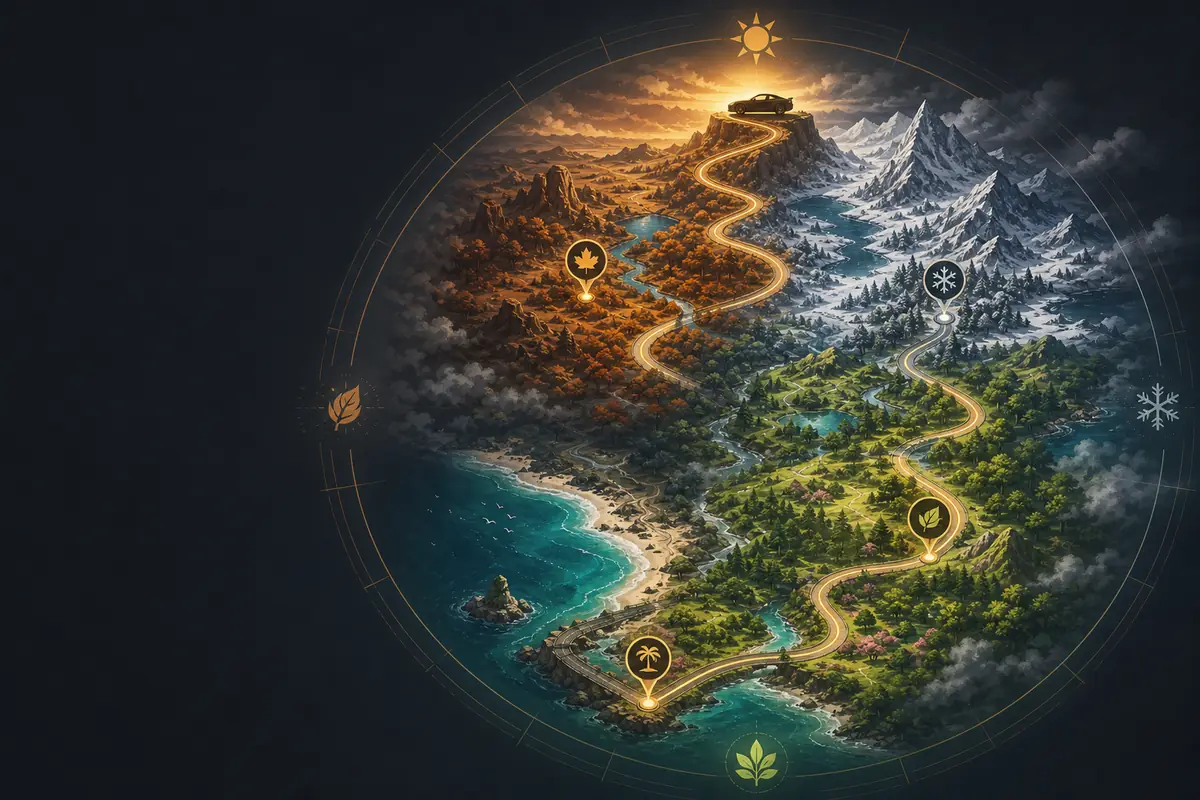 Editorial illustration showing a seasonal cycle connecting regions, roads, and a reward car