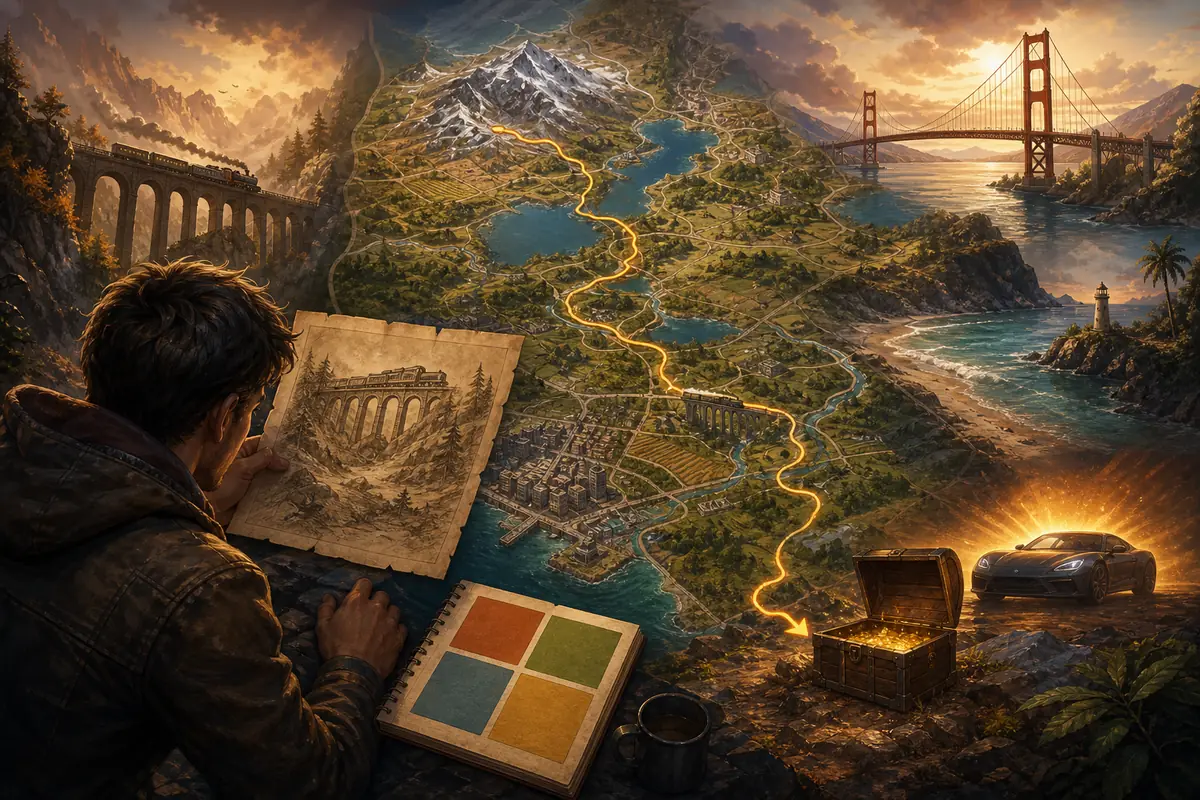 Editorial illustration showing a player comparing a clue, landmarks, a route, a treasure chest, and a reward car