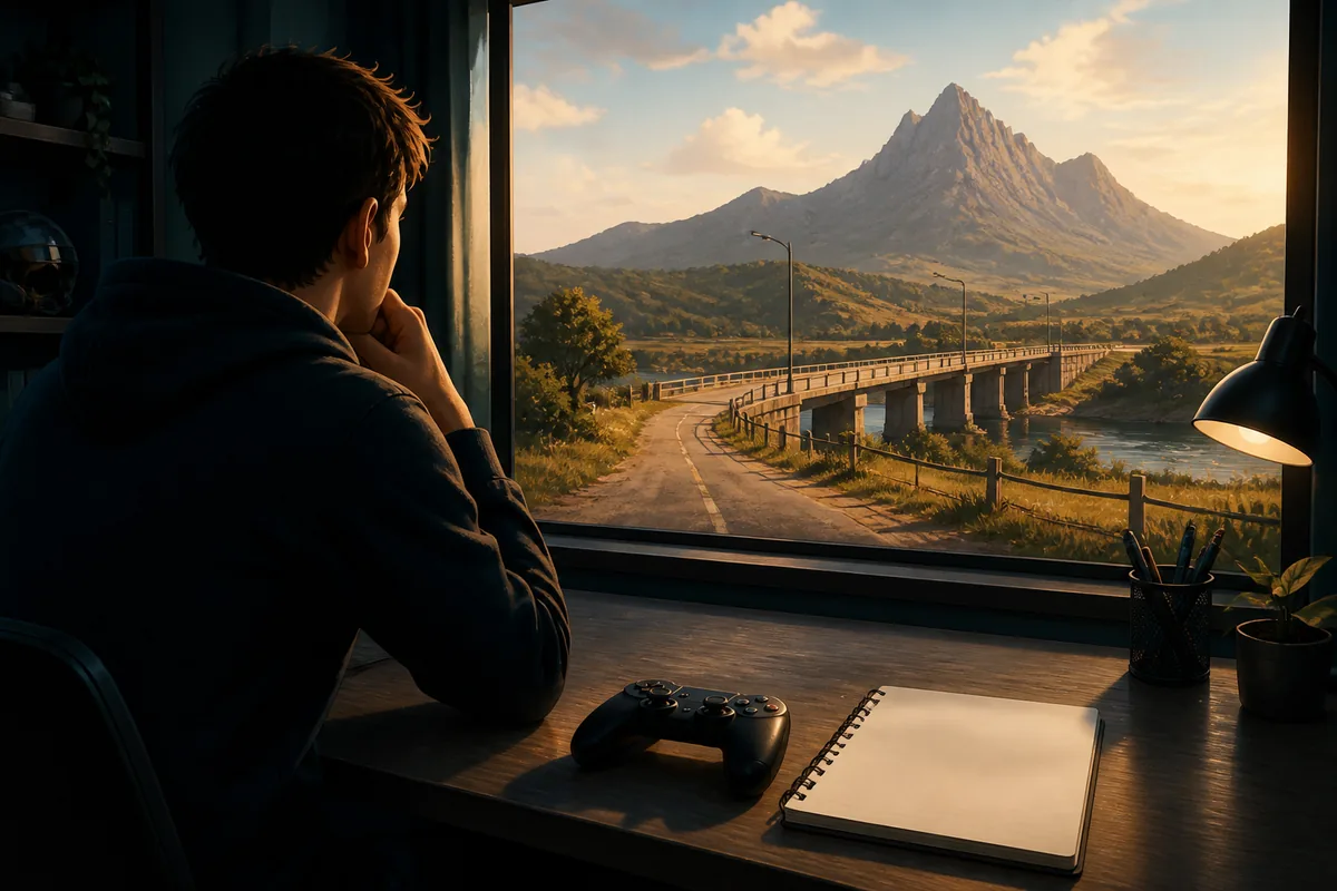 Editorial illustration showing a player comparing a clue, route direction, landmark, season, and reward context