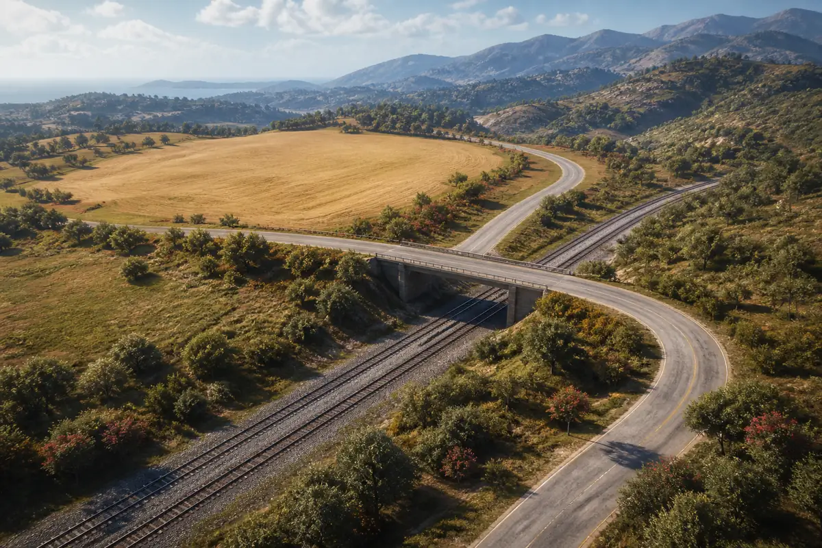 Editorial illustration showing a regional clue narrowed to a bridge, rail line, field, and access road