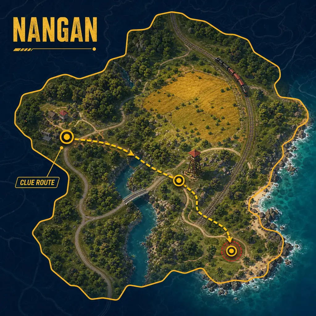 Editorial illustration showing a Nangan clue narrowed through a bridge, rail line, field, and route boundary