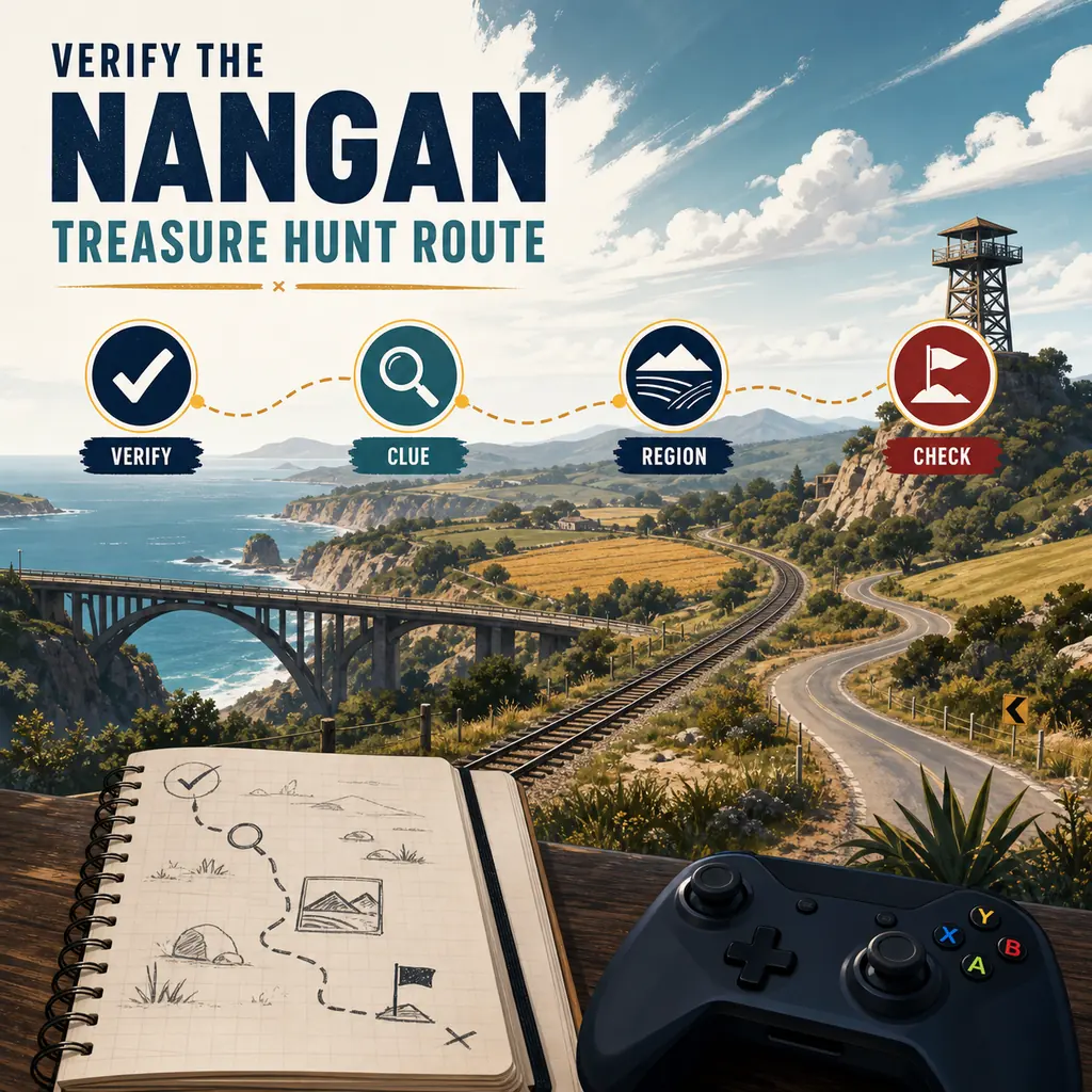 Editorial illustration showing a player verifying a Nangan route with clue, region, and objective checks