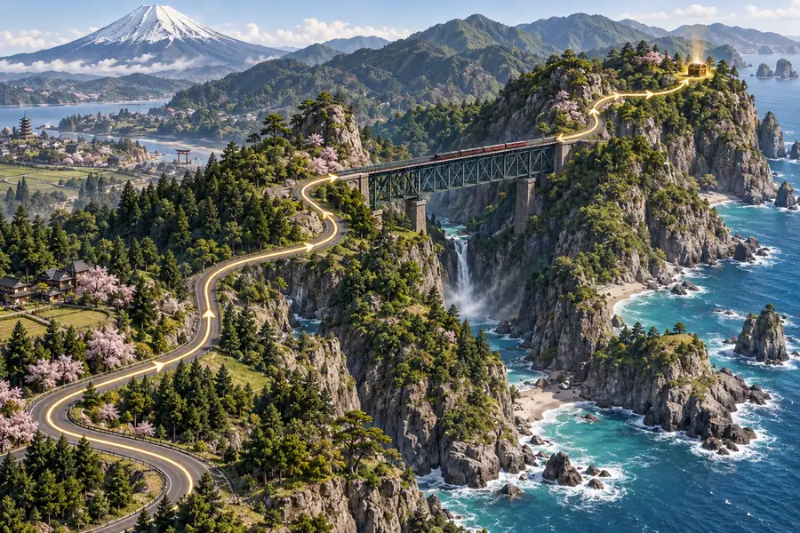 Editorial Ohtani region route illustration showing a rail bridge, access road, and treasure chest