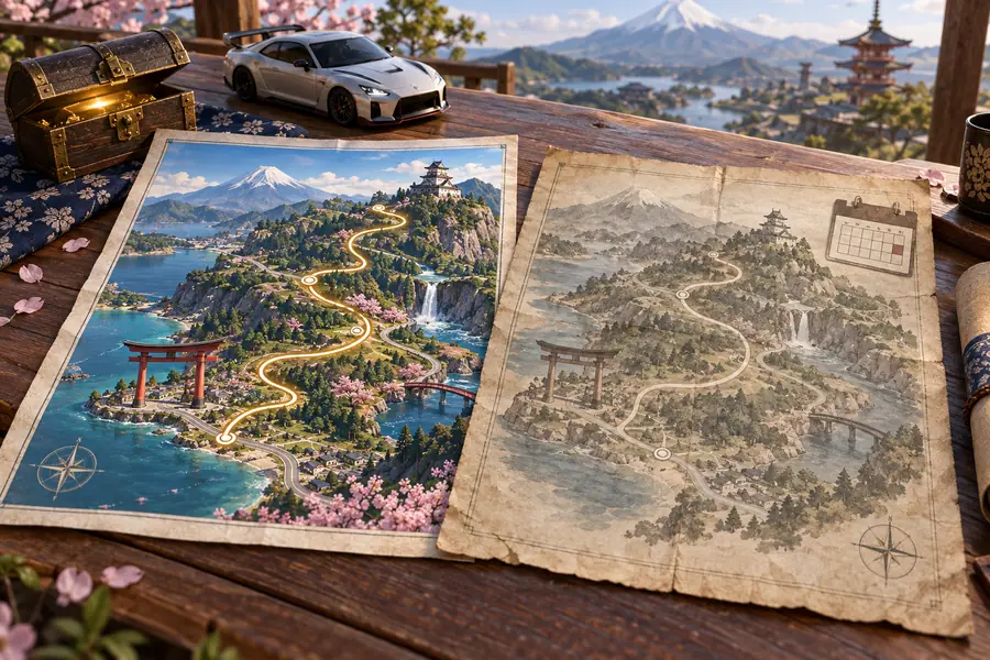 Editorial comparison illustration showing an active Ohtani route beside an archived seasonal route
