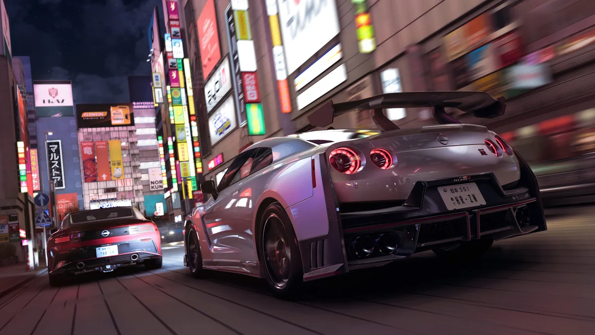 Official Forza Horizon 6 gameplay screenshot of cars on a brightly lit Japanese city street at night