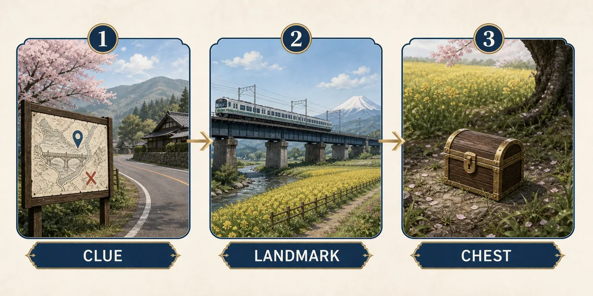 Explanatory three-step illustration connecting a clue, a landmark, and a chest route