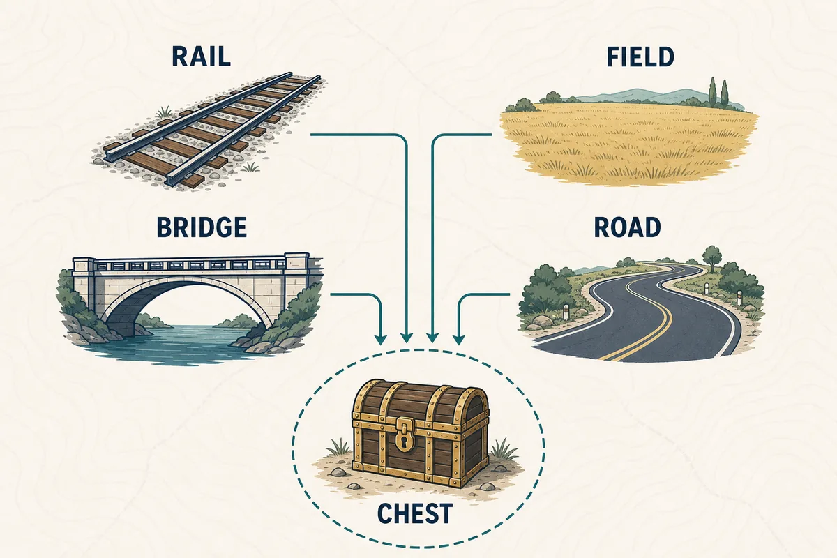 Explanatory illustration comparing rail, field, bridge, and road landmarks around a treasure chest